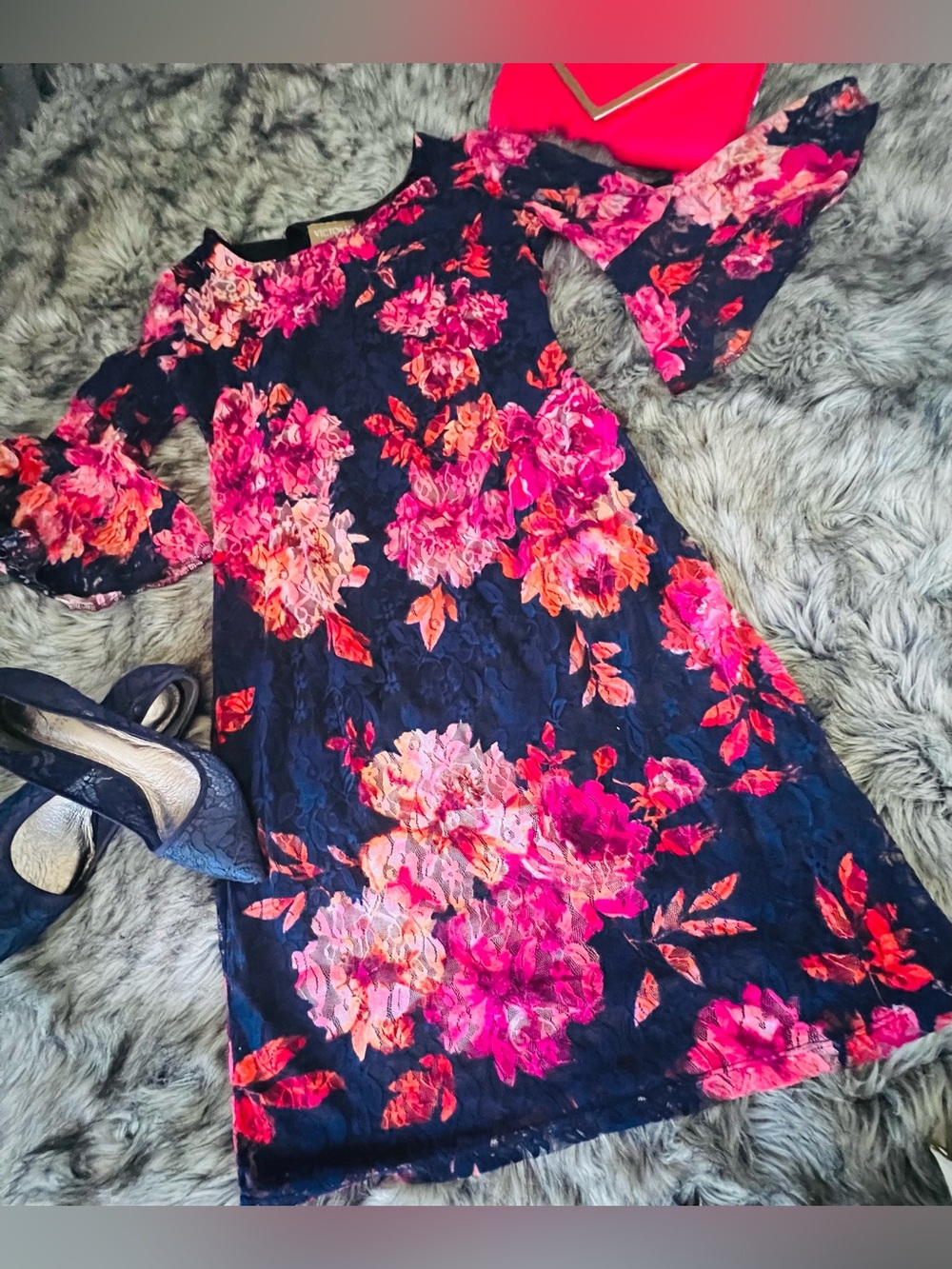 Navy Floral Lace Long-Sleeve Dress with Pink Bloom Print